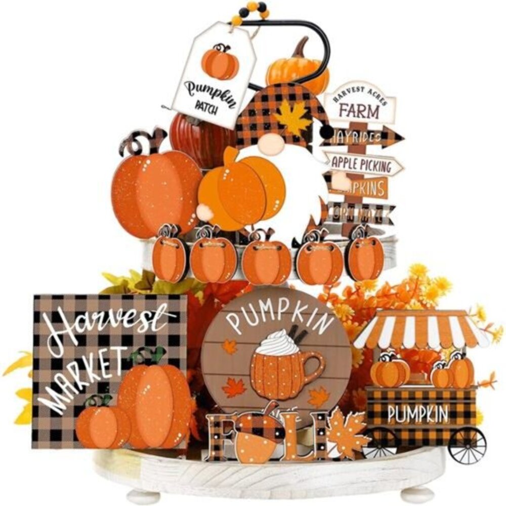 16 Pcs Fall Tiered Tray Decor Set Thanksgiving Pumpkin Wooden‎ Sign Gnomes Truck